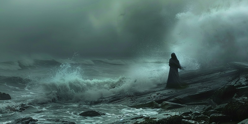 ghostly woman staring out to sea