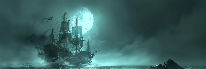 spooky photo of a ghost ship in the moonlight