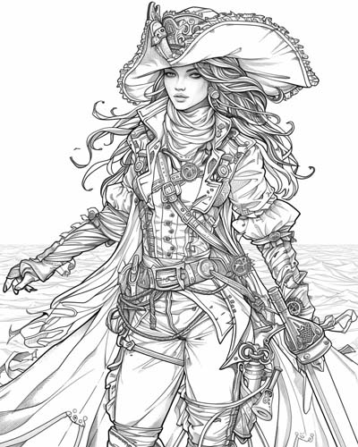 steampunk pirate woman coloring page
