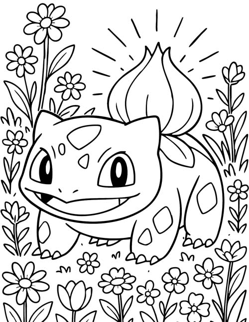 Pokemon Coloring Page of bulbasaur and flowers