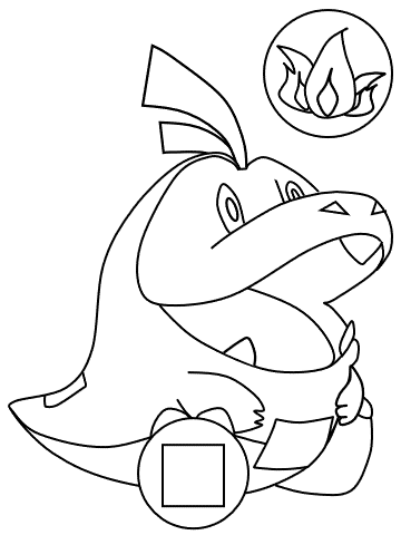 coloring page of Fuecoco with a fire badge