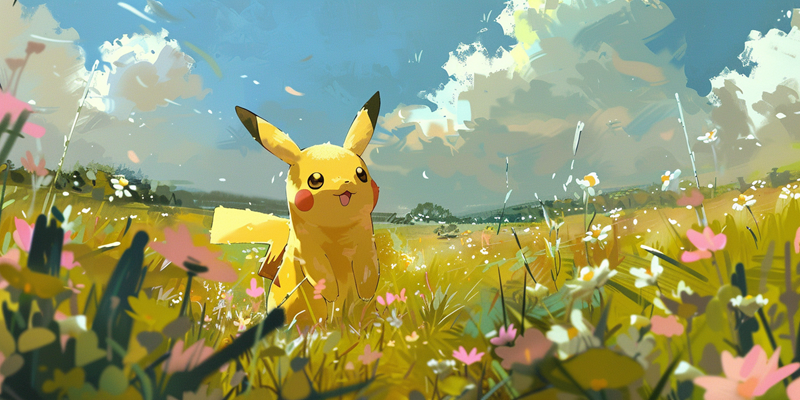 Pikachu playing in a meadow