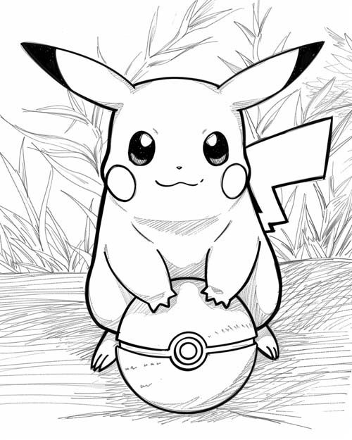 coloring page of pikachu and a pokeball