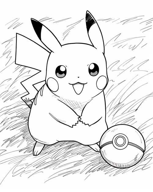 coloring page of pikachu and a pokeball