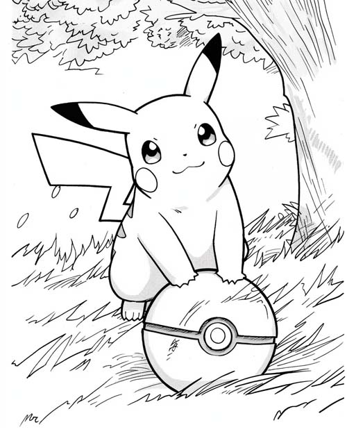 coloring page of pikachu and a pokeball