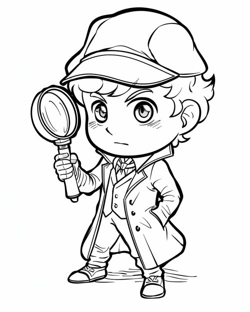 Chibi coloring page of Detective Sherlock Holmes