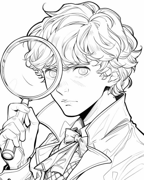 coloring page of Sherlock Holmes with a magnifying glass