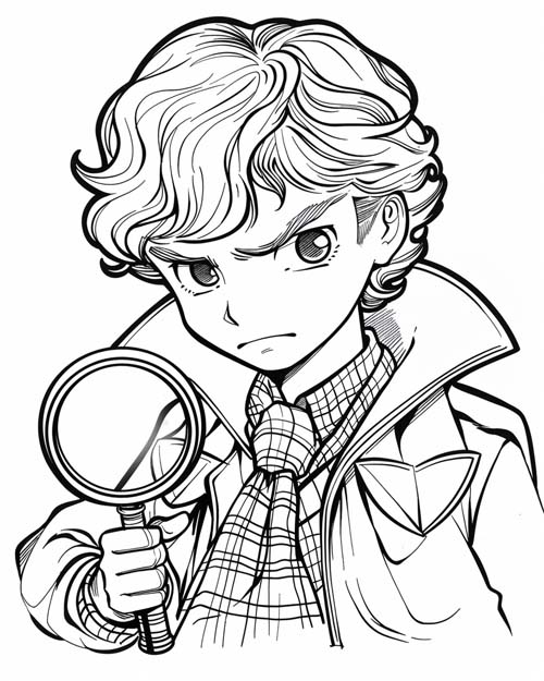 coloring page of Sherlock Holmes with a magnifying glass