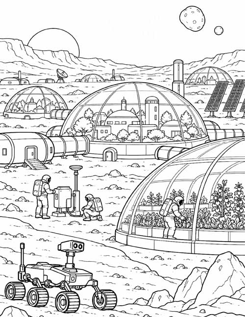 coloring page of a Mars base of the future