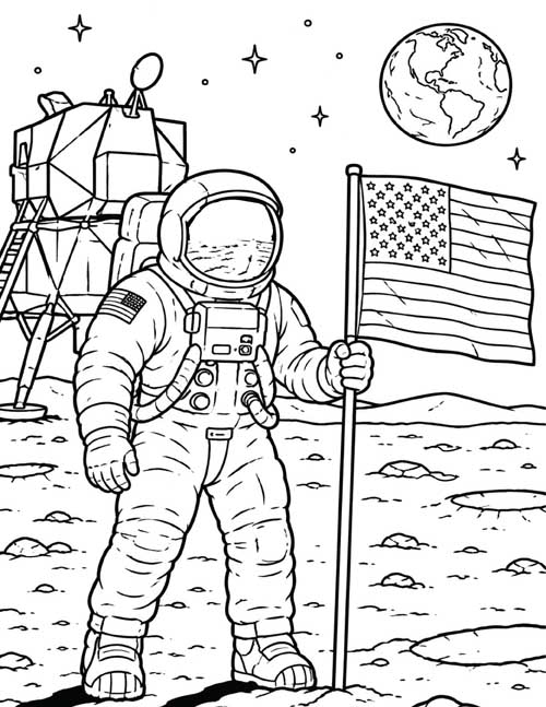 coloring page of an astronaut walking on the Moon