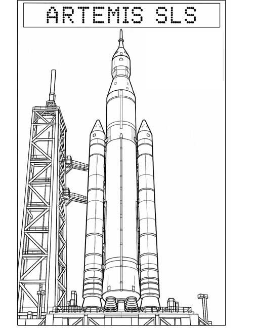 technical illustration for kids, coloring page of the Artemis Space Launch System rocket