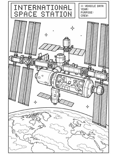 technical illustration for kids, coloring page of the International Space Station