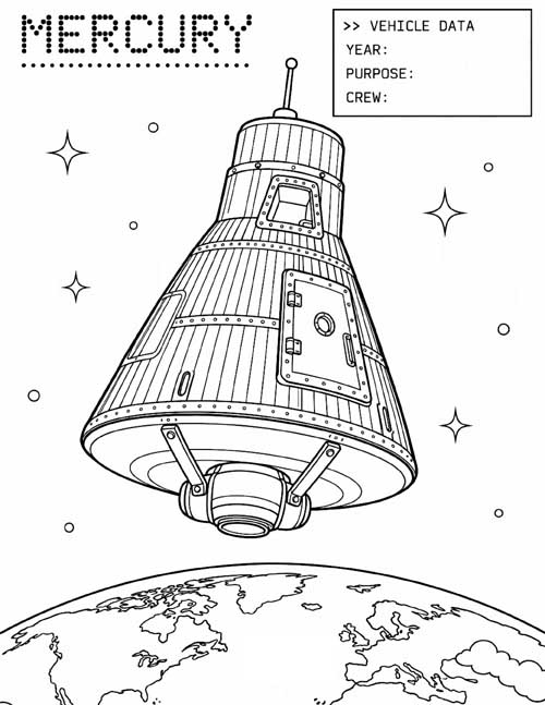 technical illustration for kids, coloring page of the Mercury space capsule