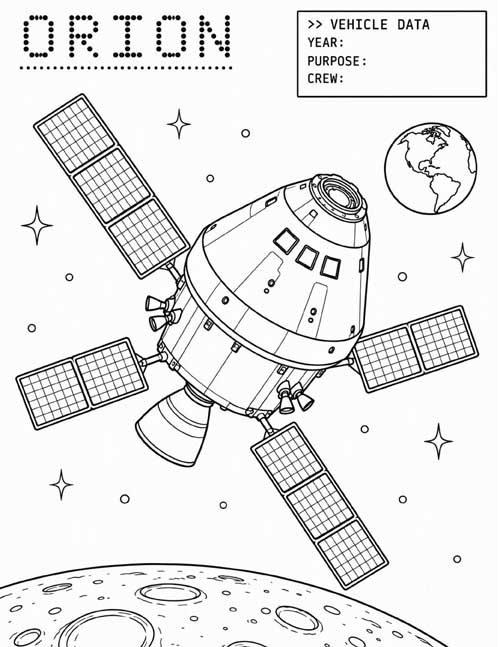 technical illustration for kids, coloring page of the Orion spacecraft near the Moon