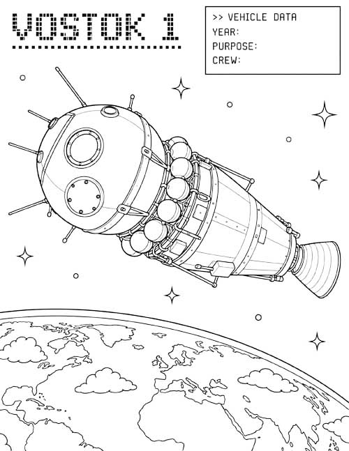 technical illustration for kids, coloring page of the Vostok 1 spacecraft