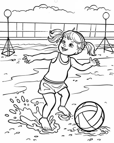 coloring page of a girl playing beach volleyball