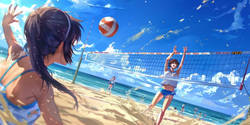 anime drawing of kids playing beach volleyball