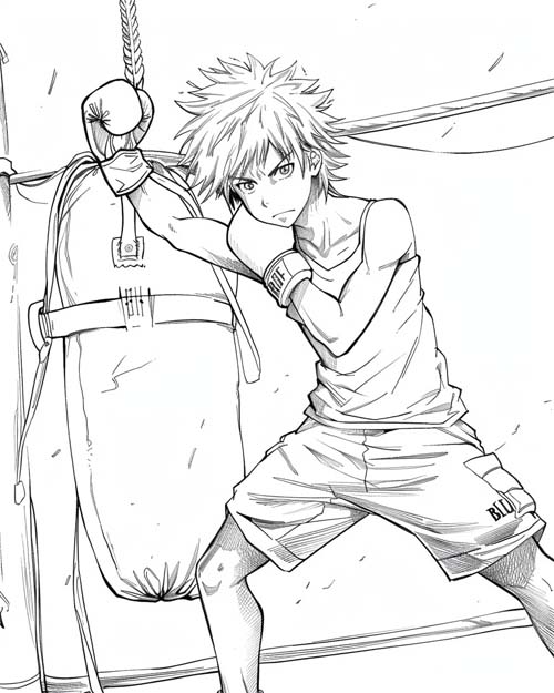 coloring page of a boxer training with a punching bag