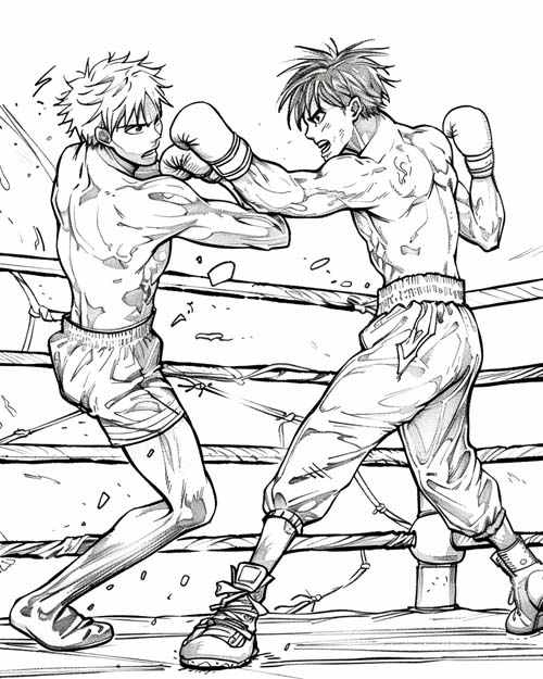 coloring page of boxers in the ring