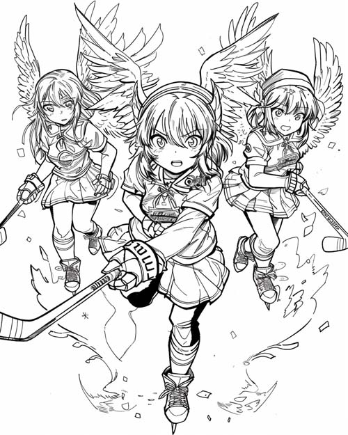 coloring page of an angels playing hockey