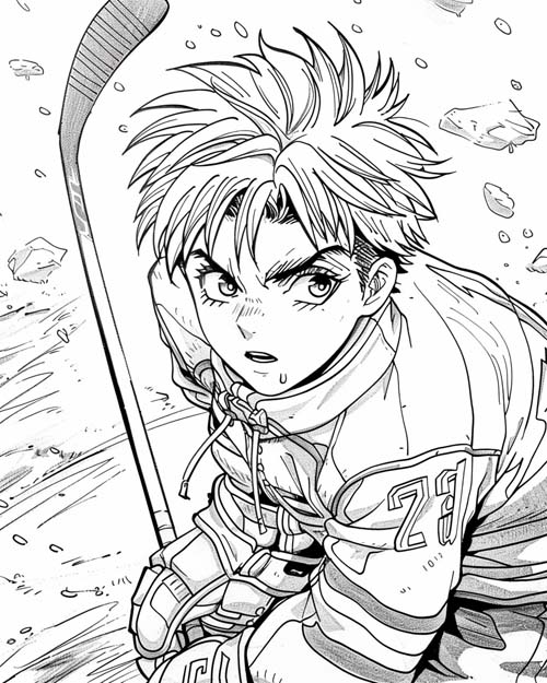 coloring page of a hockey player in a blizzard