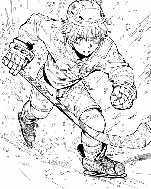 coloring page of a hockey player in an earthquake
