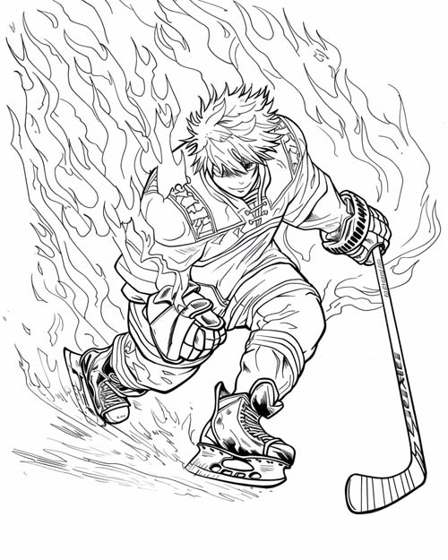 coloring page of a hockey player in flames