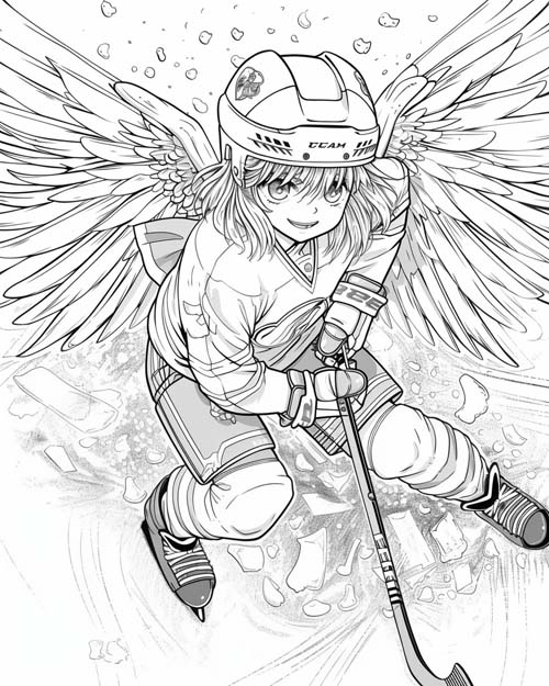 coloring page of a harpy playing hockey