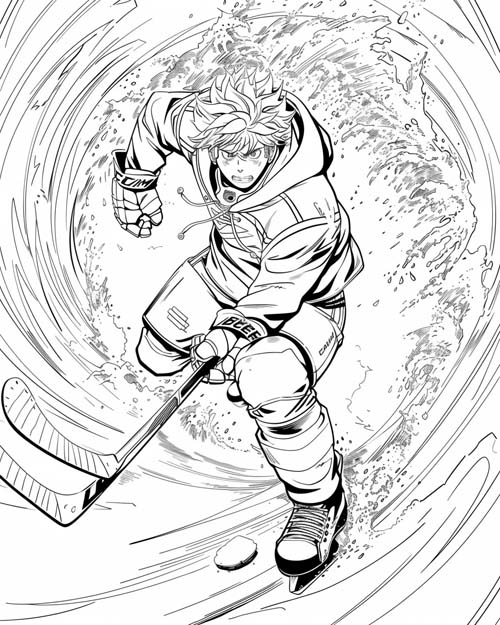coloring page of a hockey player in a hurricane