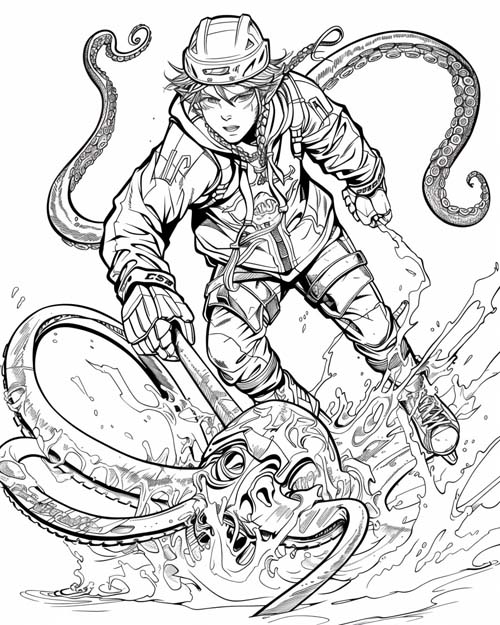 coloring page of a kracken hockey player