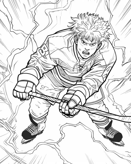 coloring page of a hockey player in lightning