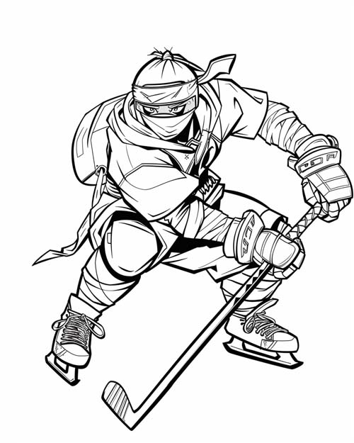coloring page of a ninja playing hockey