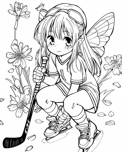 coloring page of a pixie hockey player