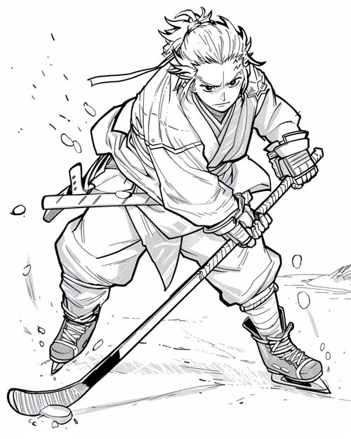 coloring page of a Rōnin playing hockey