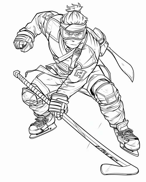 coloring page of a samurai playing hockey