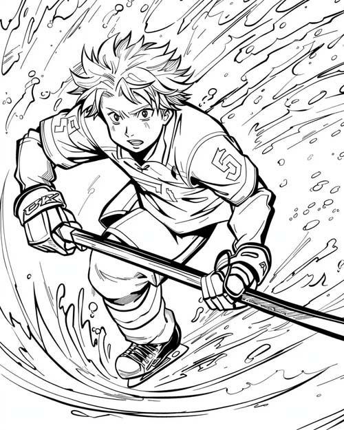 coloring page of a hockey player in a tidal wave