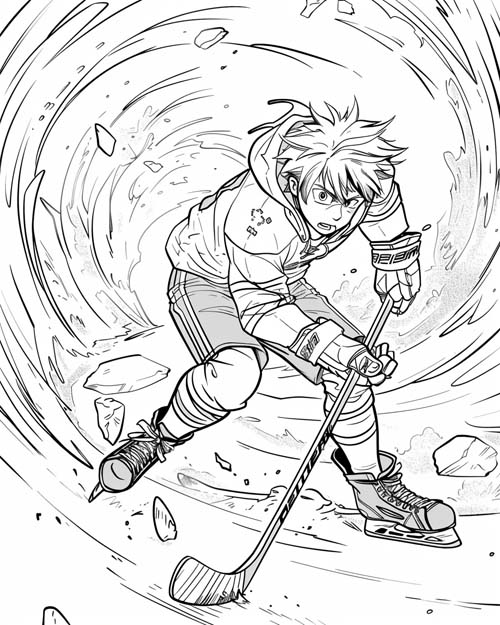 coloring page of a hockey player in a tornado