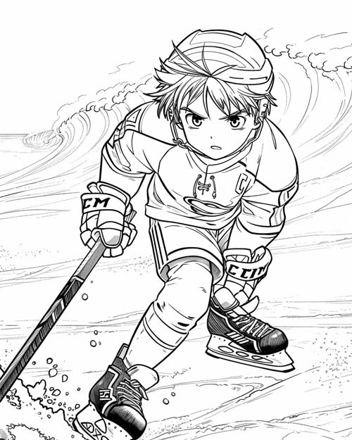 coloring page of a hockey player in a tsunami