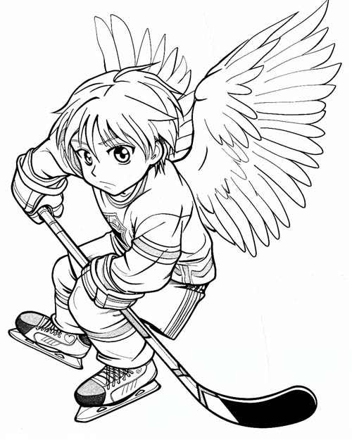 coloring page of a flying boy playing hockey