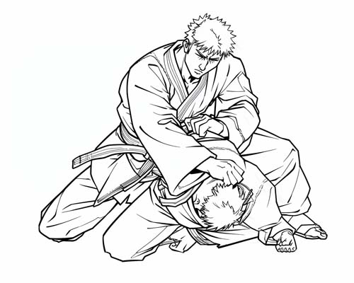 coloring page of a bjj submission hold on the ground