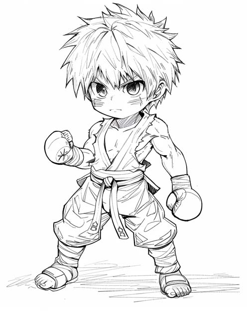 coloring page of boy practicing karate