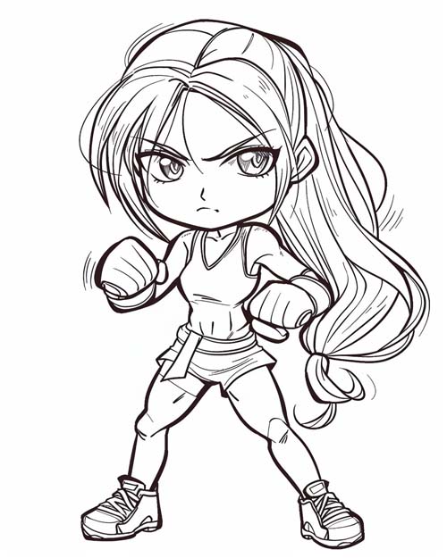 coloring page of a girl fighter