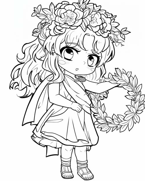 coloring page of an ancient Greek woman making laurel wreath