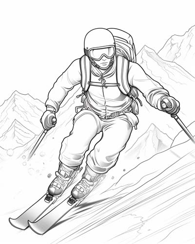 coloring page of a man skiing with a helmet