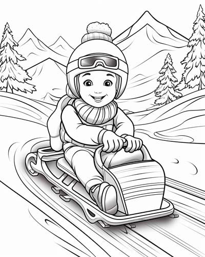 coloring page of a child with a helmet sledding