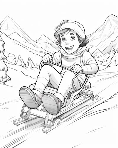 coloring page of a boy sledding