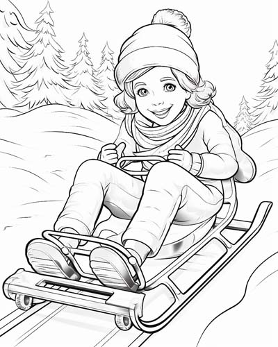 coloring page of a girl sledding