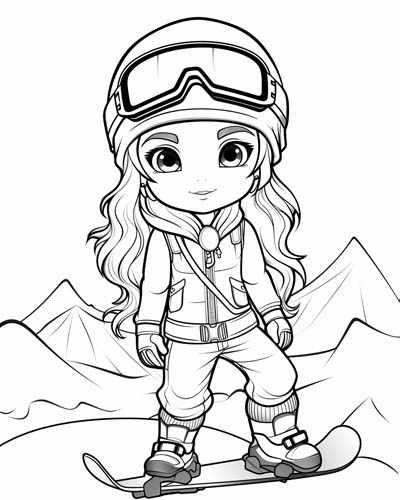 coloring page of a girl skiing with a helmet