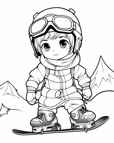 coloring page of a boy snowboarding