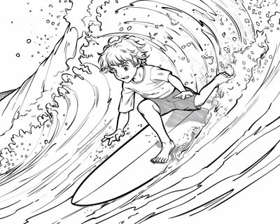 coloring page of a boy surfing